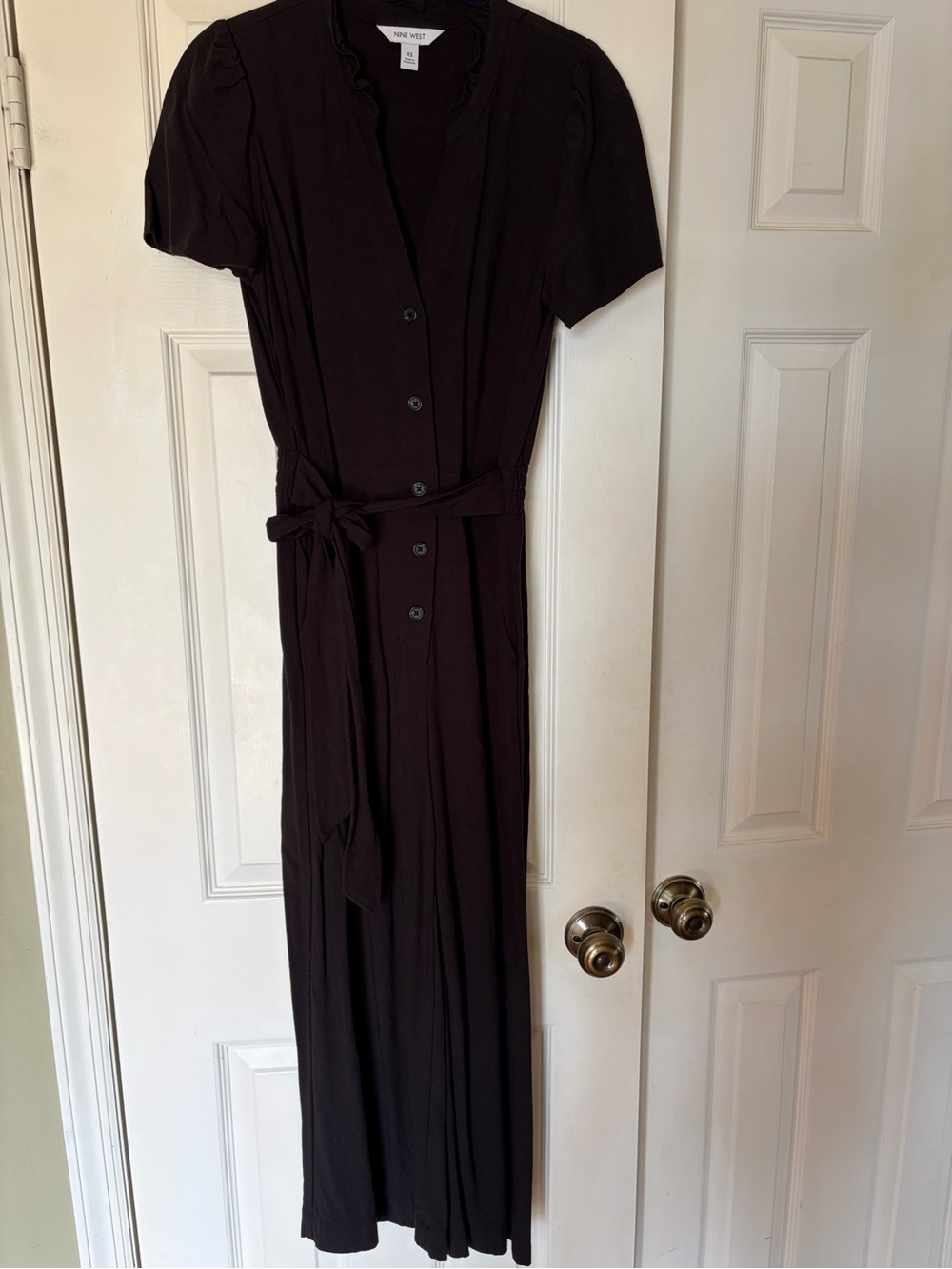 Nine West Women's Button Up Black   Cropped Jumpsuit with Waist Tie - Picture 5 of 6